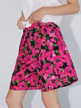 Zara Floral Culottes Women's Medium Black Magenta Pink Wide Leg High Rise